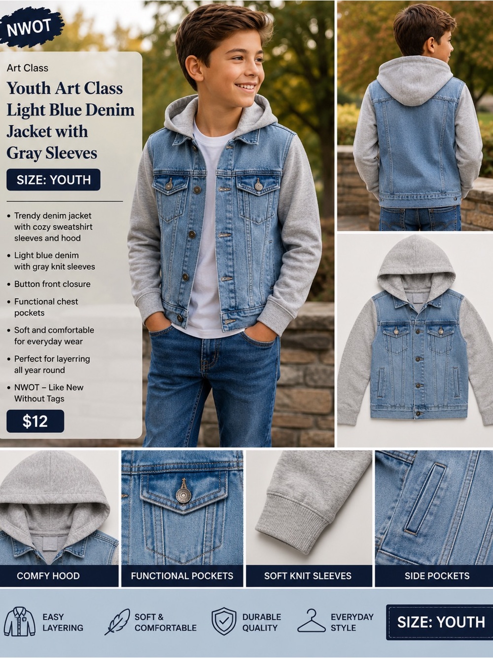 NWOT Youth Art Class Light Blue Denim Jacket with Gray Sleeves Youth 6/7 NWOT